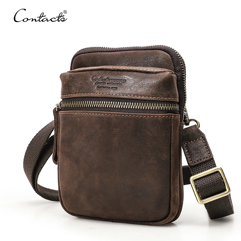 

CONTACT'S Men Crossbody Bag Cracked Soft Oil Leather Small Messenger Bag Belt Waist Pack for Cell Phone