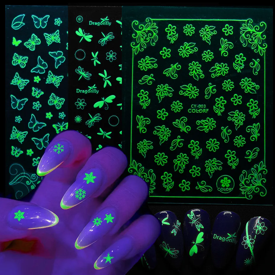 

2021 New Hot Sale Wholesale Luminous Butterfly Flower Leaf Dragonfly Nail Art Luminous Sticker Nail Sticker Set