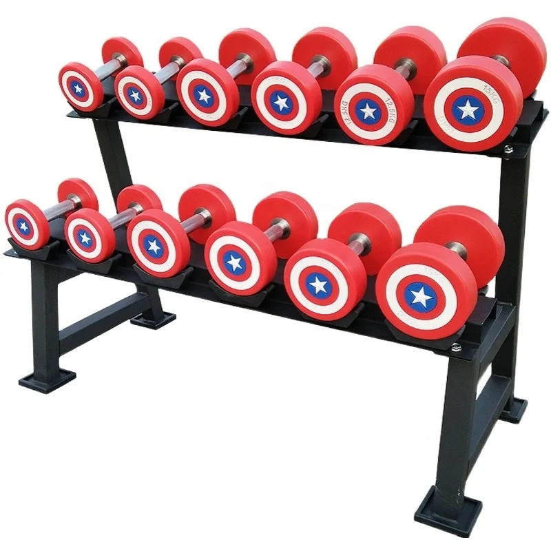 

Hot sale ready to ship in stock round head TPU coated dumbbell 2.5-50kgs iron cast Captain-America commercial gym dumbbells set