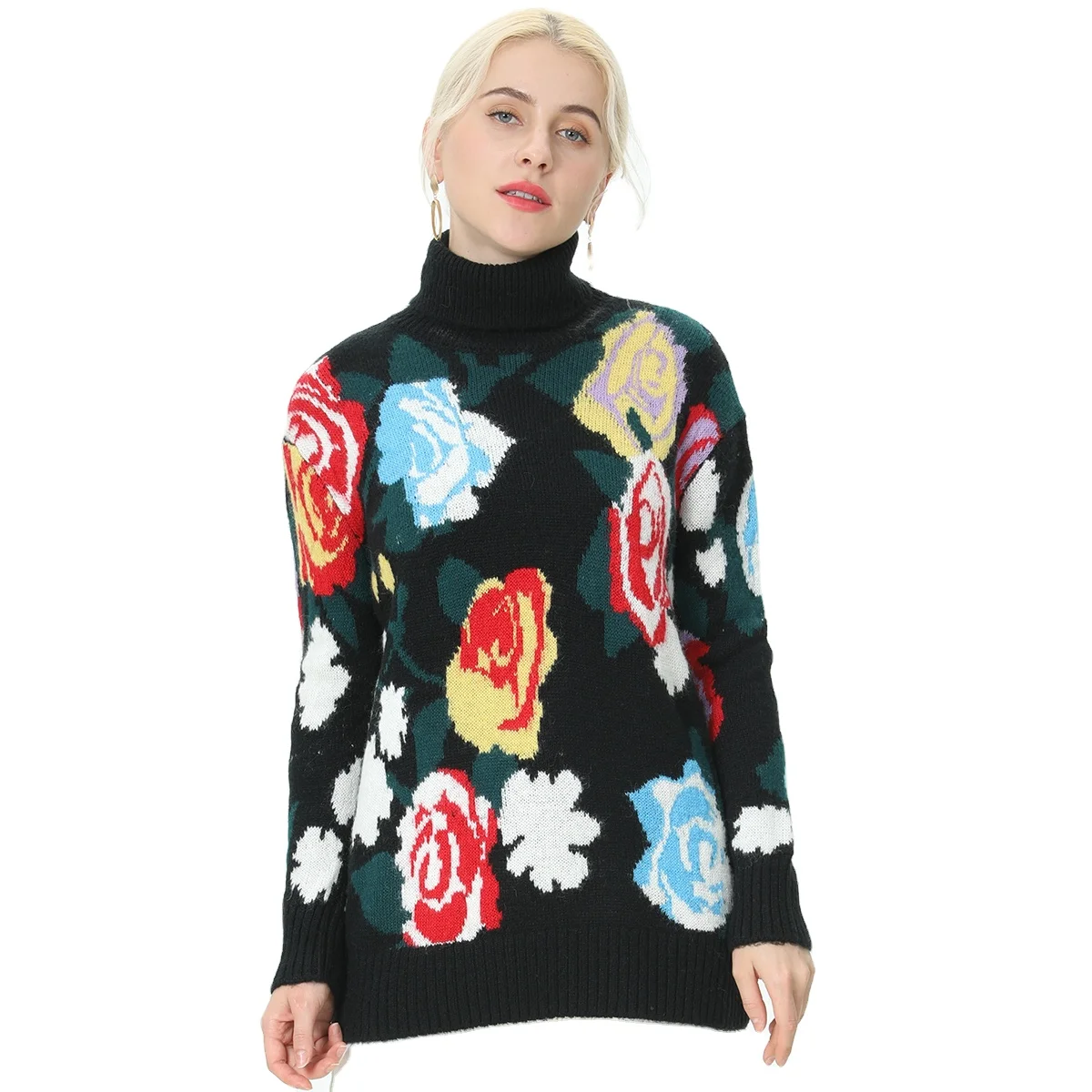 

2020 new rose design ladies knitted sweaters for women winter casual long sleeves turtleneck sweater