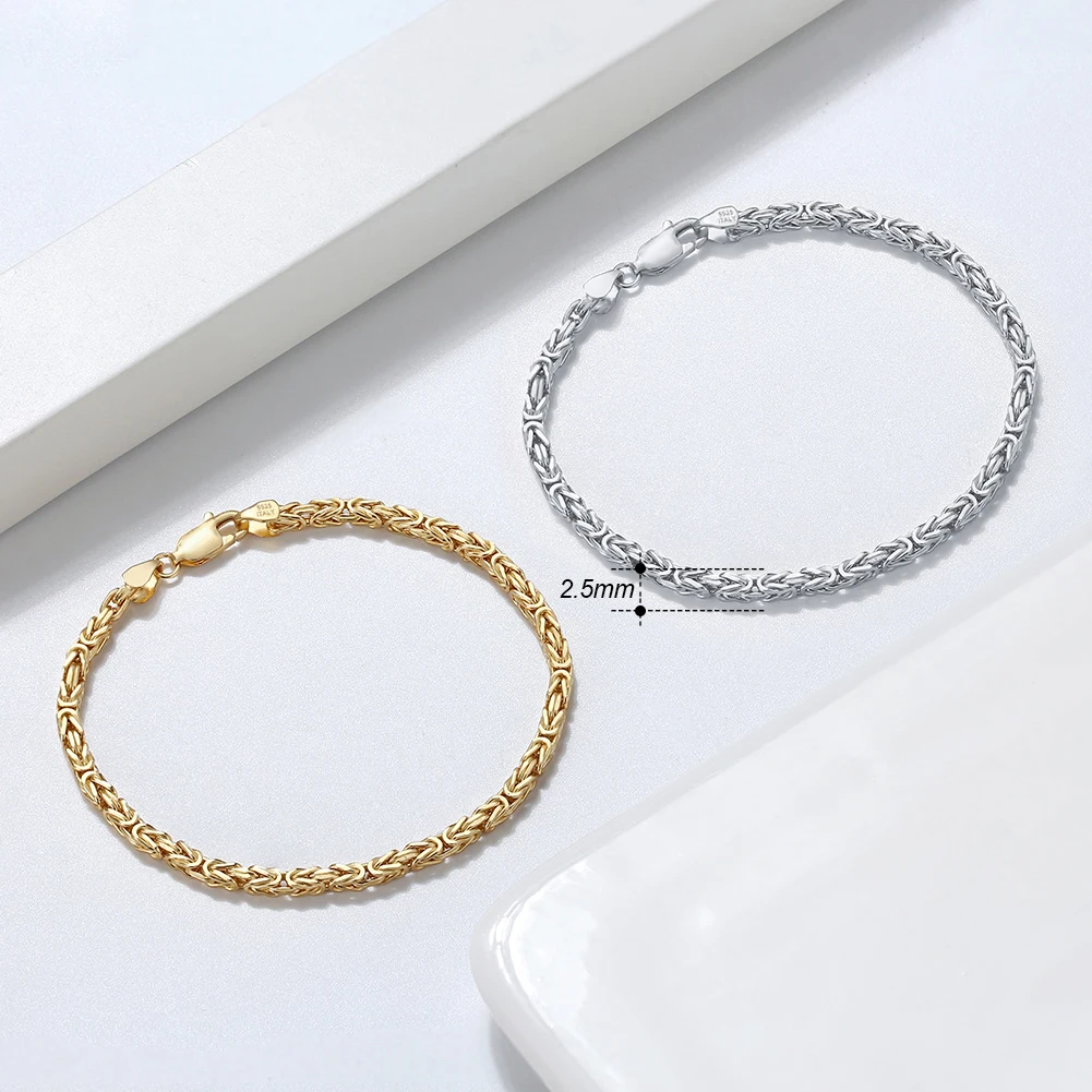 RINNTIN SB122 Handmade 14K Gold Plated 925 Sterling Silver Italian 2.5mm Flat Byzantine Bracelet