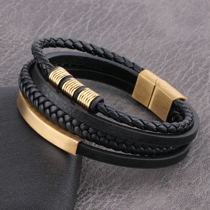 

Top Selling Handmade Multilayer Leather Bracelet Custom Men Stainless Steel Leather Bracelet