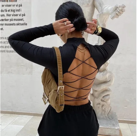 

Shirts for Women Crop Tops Backless Cross Tshirt