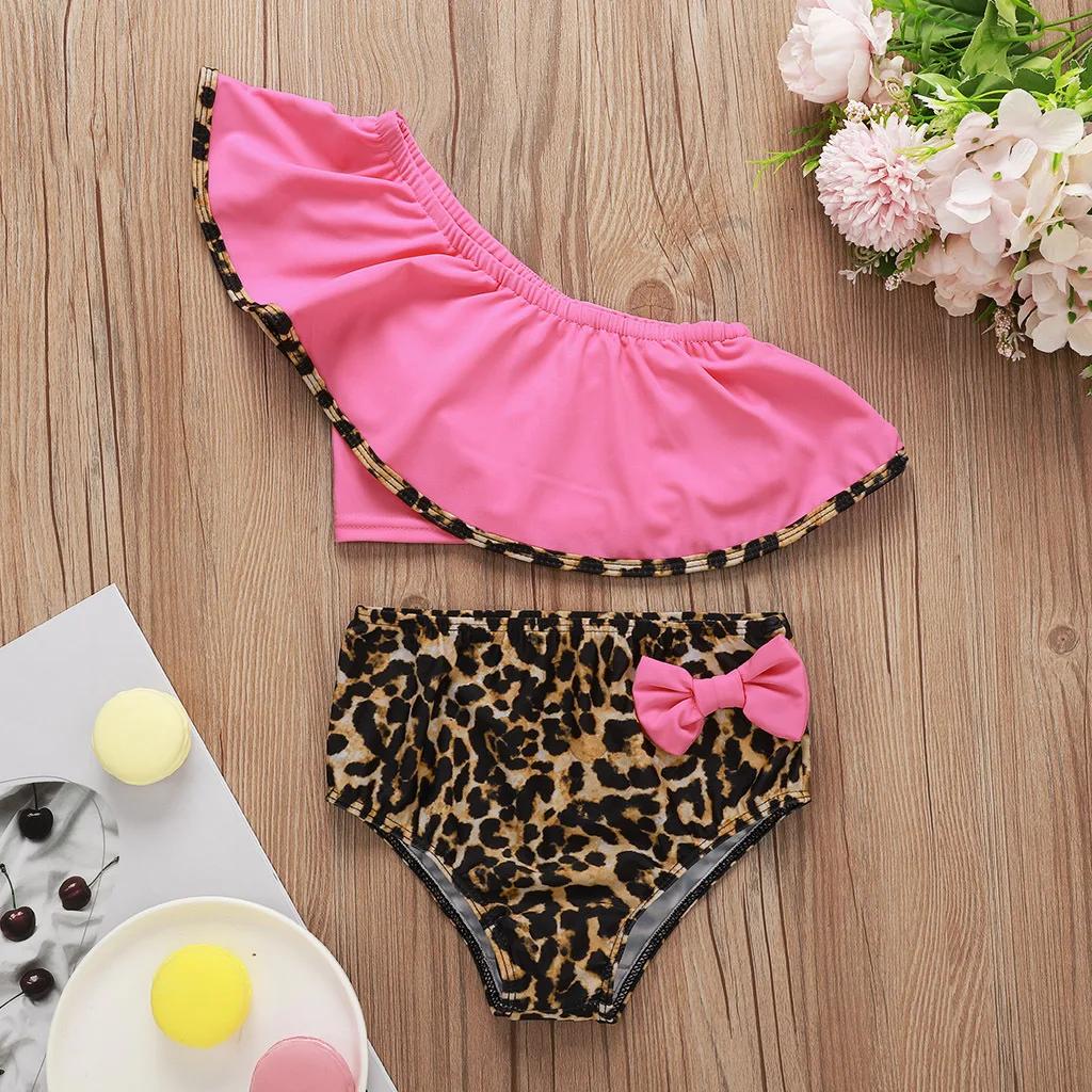 

rts 2021 latest design wholesale popular irregular flying sleeve rose red yellow bow leopard print girls swimsuit suit