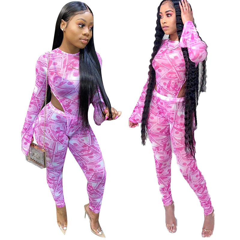 

QC Fashion see through sexy summer wear long sleeve romper women's money print mesh pink one piece jumpsuit