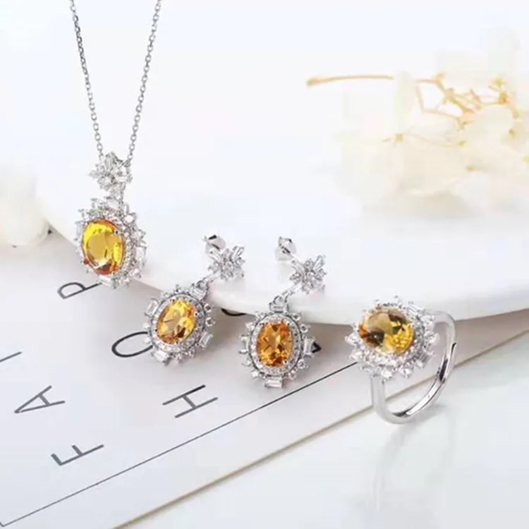 

customized yellow crystal jewelry 925 silver 18k white gold plated natural citrine earring pendant necklace adjustable ring set