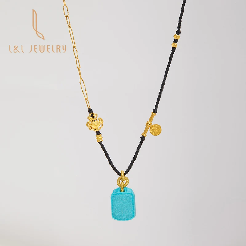

unique local style original designed 24K gold 18K gold chain sky blue nature turquoise necklace originality hand-woven necklace
