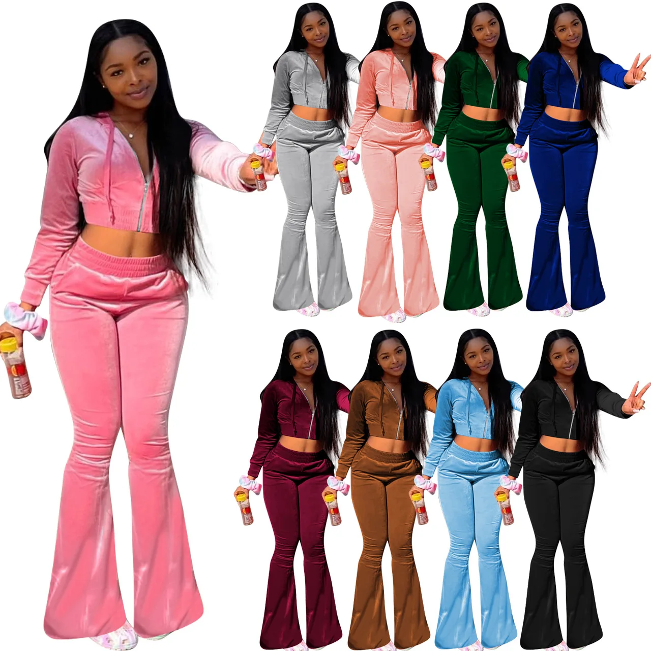 

Winter clothes fall set woman velvet fabric sweatpants and hoodie set Long Sleeve Crop Top jogging sweatsuit Velour Tracksuit