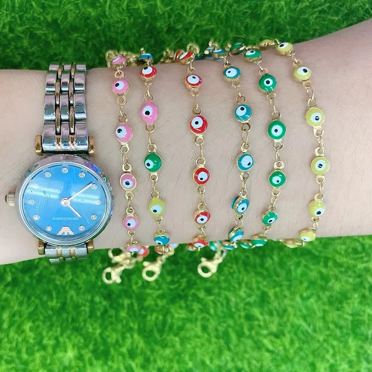 

BM103918k Gold Plated Rainbow Enamel evil eyes Spiritual Link Chain Adjustable bracelet Jewelry
