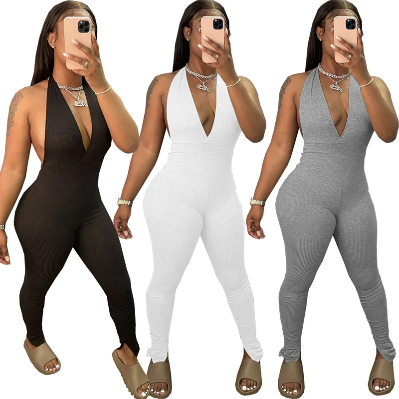 

2021 Summer women Pantalons Fashion Sexy V-neck Halter Wrap Chest Halter Slim Sleeveless stacked plus size Jumpsuit