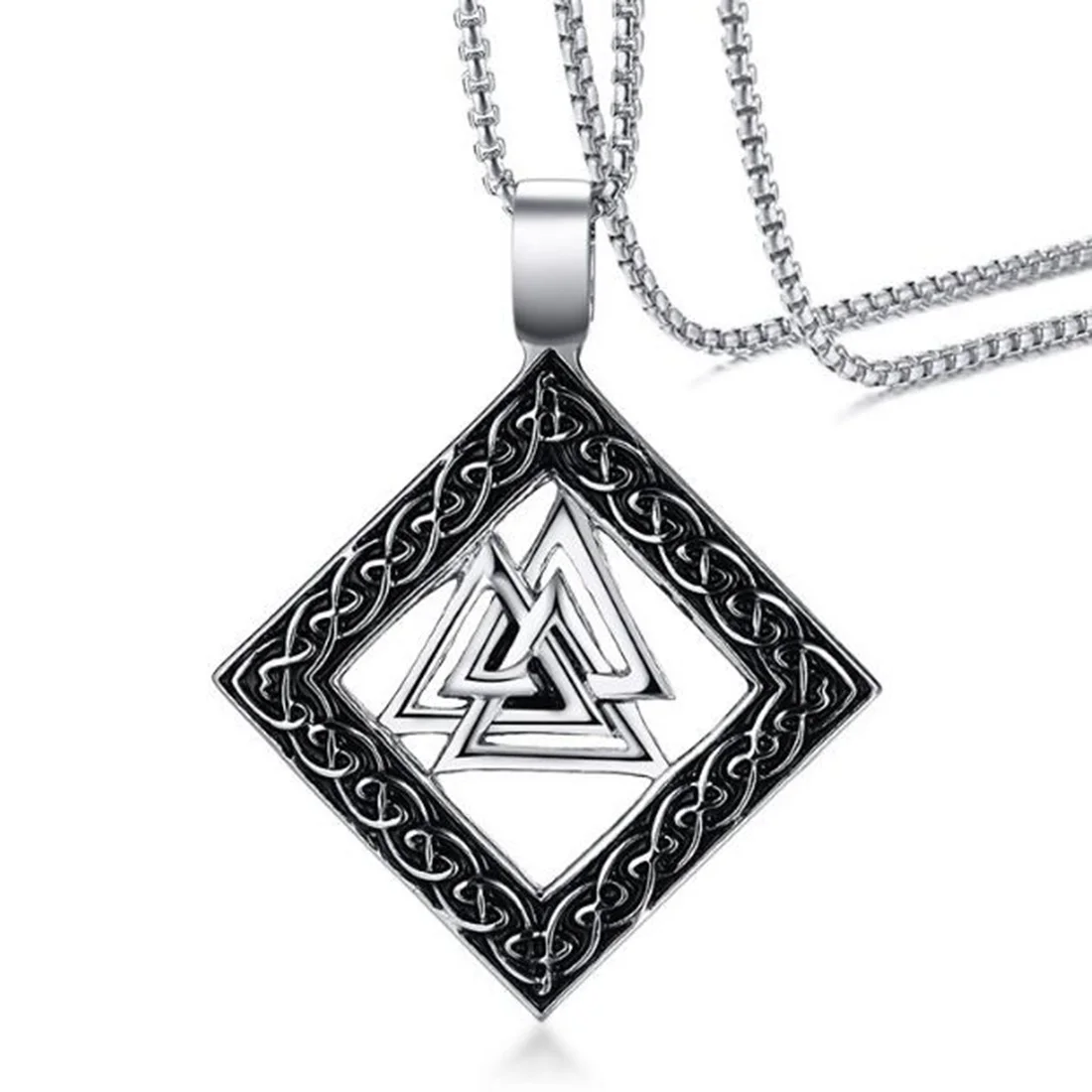 

NLJSF00069 Ancient Mens Viking Surgical Steel Square Frame Triangle Pendant Necklace