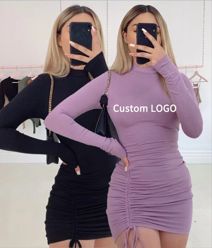 

Custom Logo 2022 New Fashion Printed Dresses In Long-sleeved And High Neck With Tight Fitting Hip Women Mini Sweater Dress, Picture color