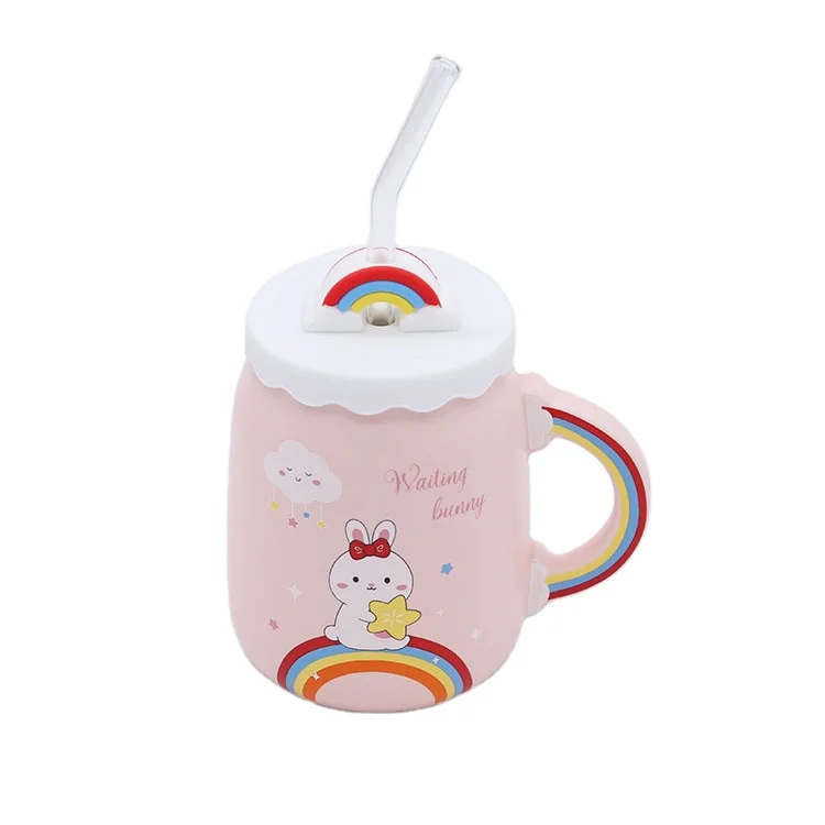 

Cartoon Rabbit Pattern Ceramic Cup High Quality Coffee Mug Baby Glass Straw Bottle with Silicone Lid, Colorful