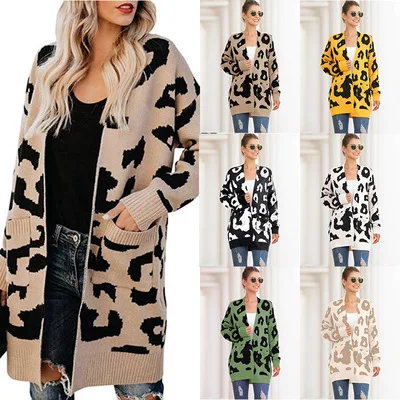 

Womens Fuzzy Leopard Print Cardigan Sweater Open Front Draped Duster Loose Knit Jacket with Pockets