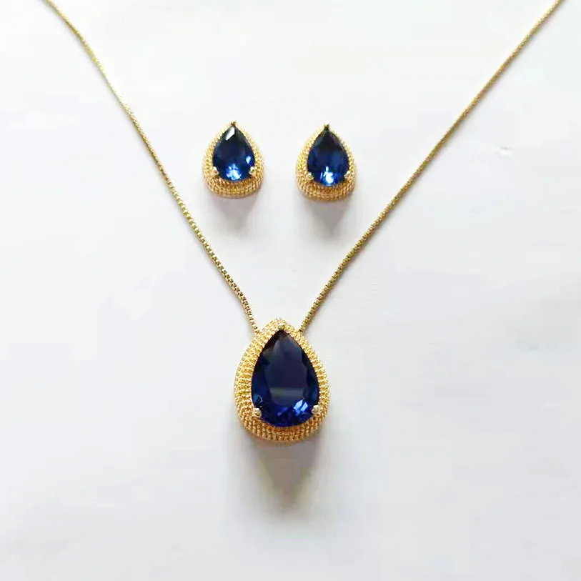 

New 18K Gold Plated Jewelry Set Pear Shaped Aquamarine Luxury Earrings Jewelry Set
