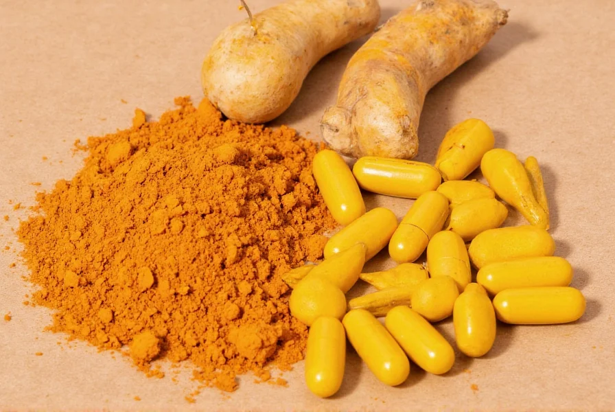 Turmeric root and capsules showing natural spice versus supplement form