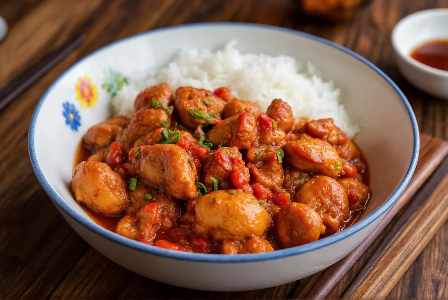 Finished pepper chicken dish served with steamed rice in a traditional Chinese bowl