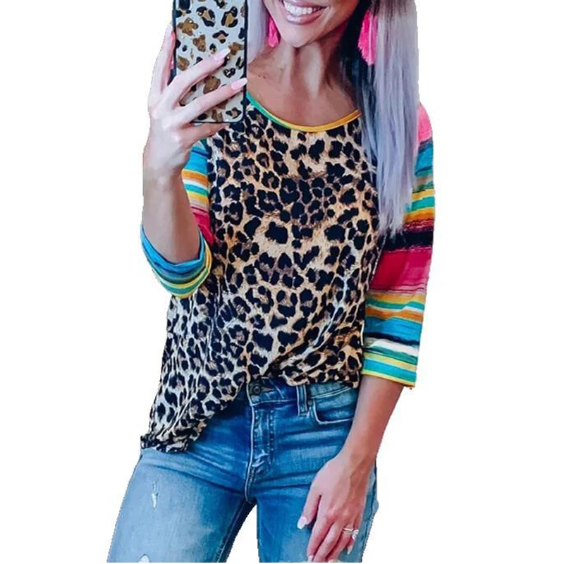 

Women 3/4 Sleeve Leopard Stripe Splicing T shirt Blouse, Photo show