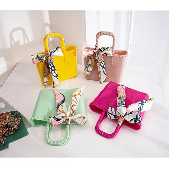 

2021 PVC small jelly Mini Rivet Casual Tote Women Waterproof Handbag Kids Candy Color Silk Scarf Bow Purse/, As picture