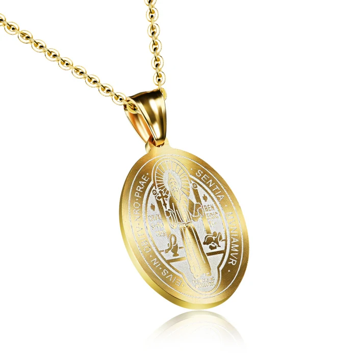 

Round shape laser engrave style san benito medal religious jewelry model gold color stainless steel catholic pendant necklace, Silver/gold