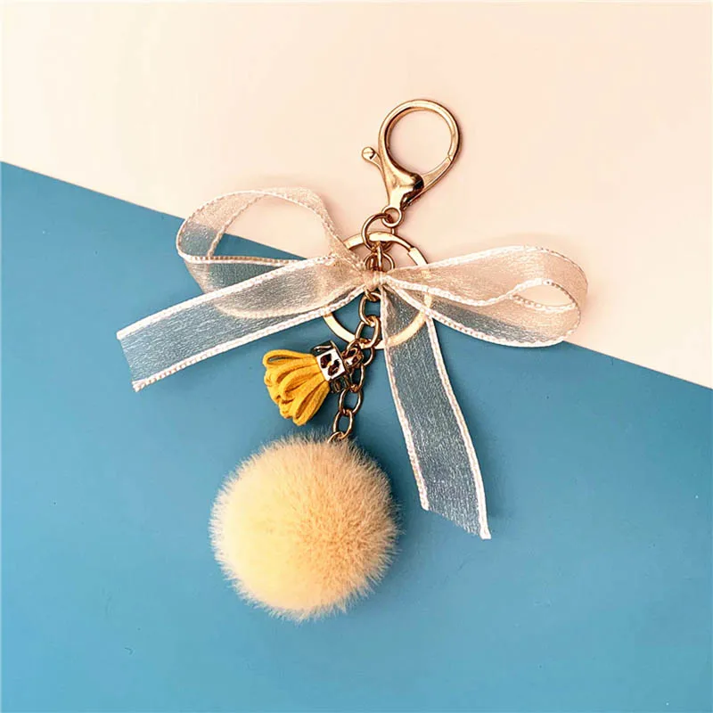 
Custom Cute Colorful Bow Lace Plush Pendant Fur Ball Pom Pom Bag Pendant Key Chain 