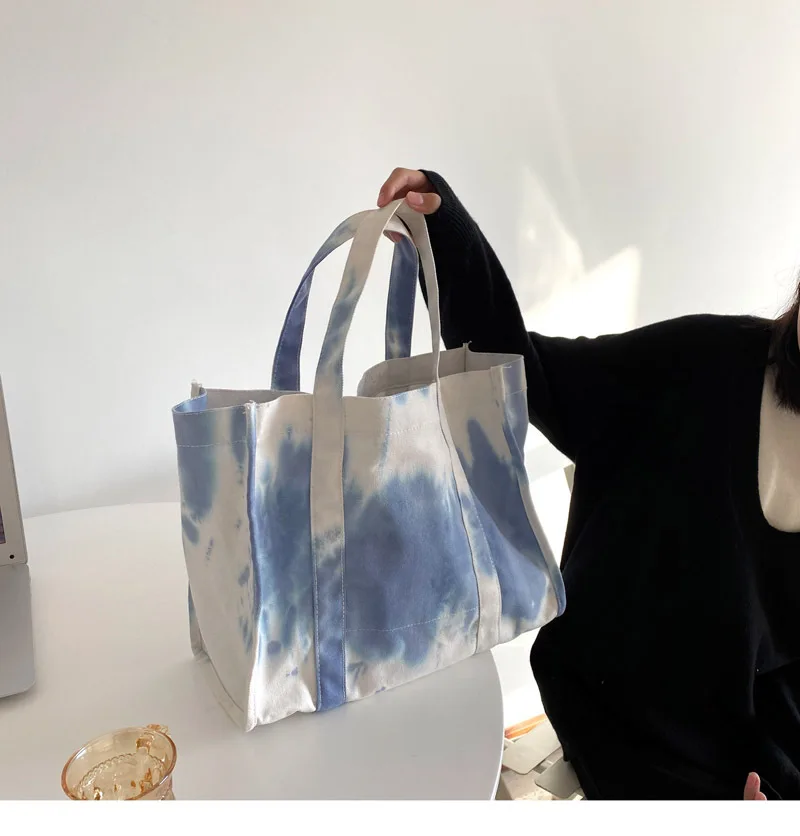 

2021 New Arrival Blue Tie Dye Canvas Tote Handbag High Quality Women Fashion Large Capacity Thick Durable Cotton Shopping Bag, Customizable