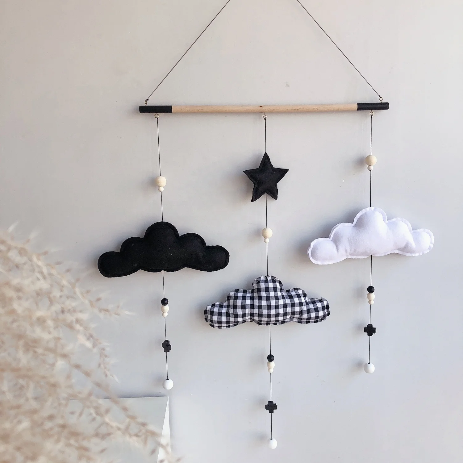 

Nordic Style Wooden Stick Wall Hanging Children Home Nursery Decor Tassels Macrame Cloud Wool Felt Decor