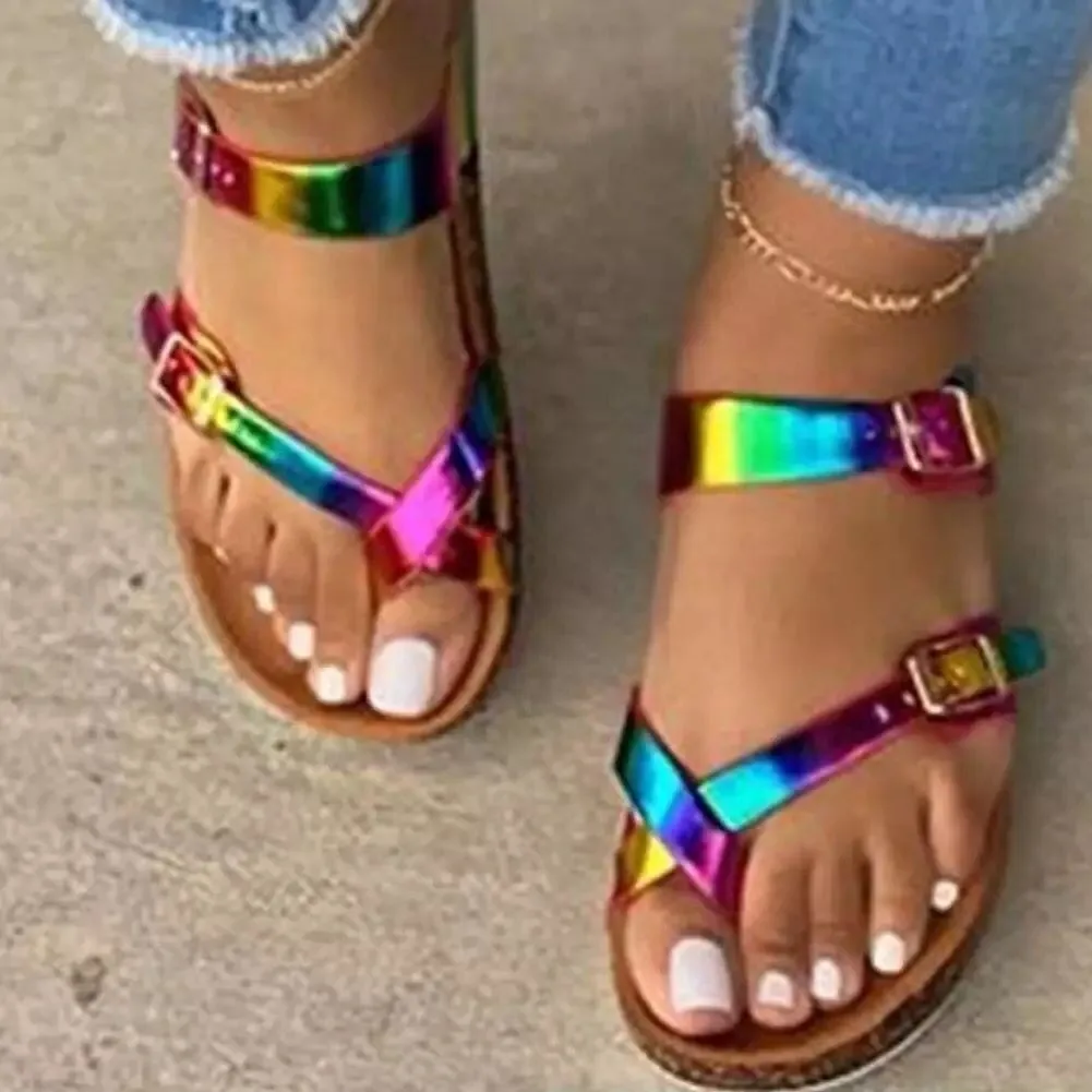 

Summer's most popular ladies' sandals flat flip-flops for ladies with metal buttons, Rainbow,black,brown