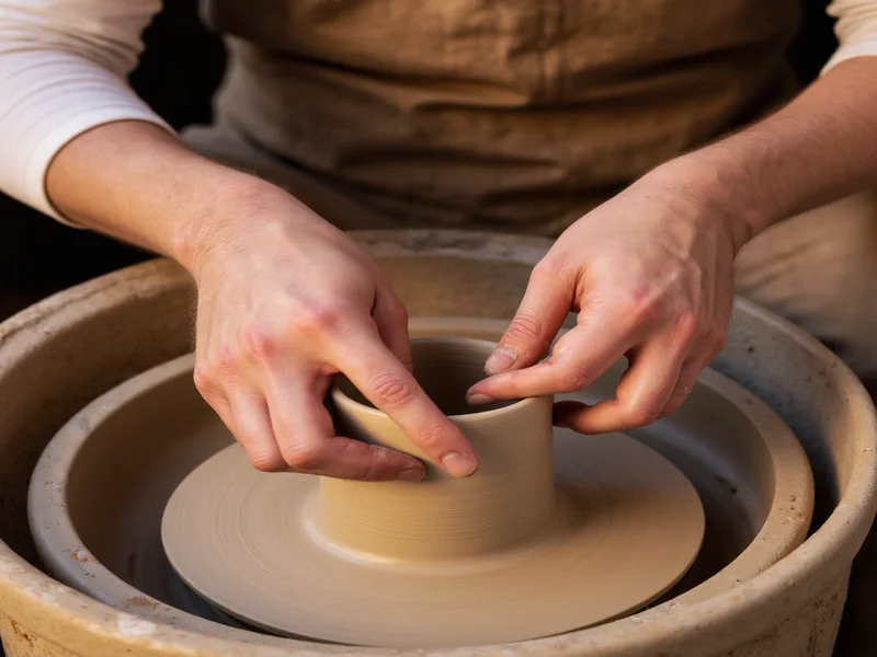 Close-up of artisan's hands creating pottery on wheel