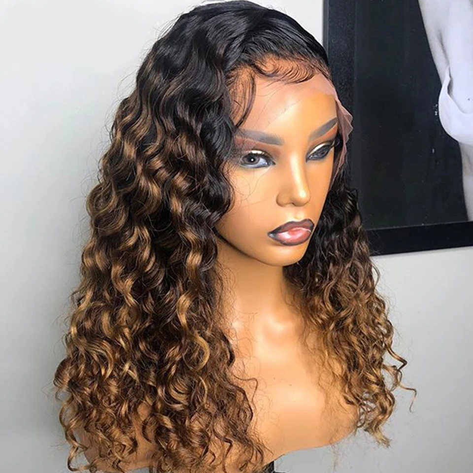 

13*4 Curly Ombre T1B/27 Color Lace Front Human Hair Wigs for Black Women Brazilian Remy Hair Wig with Pre Plucked Bleached Knots