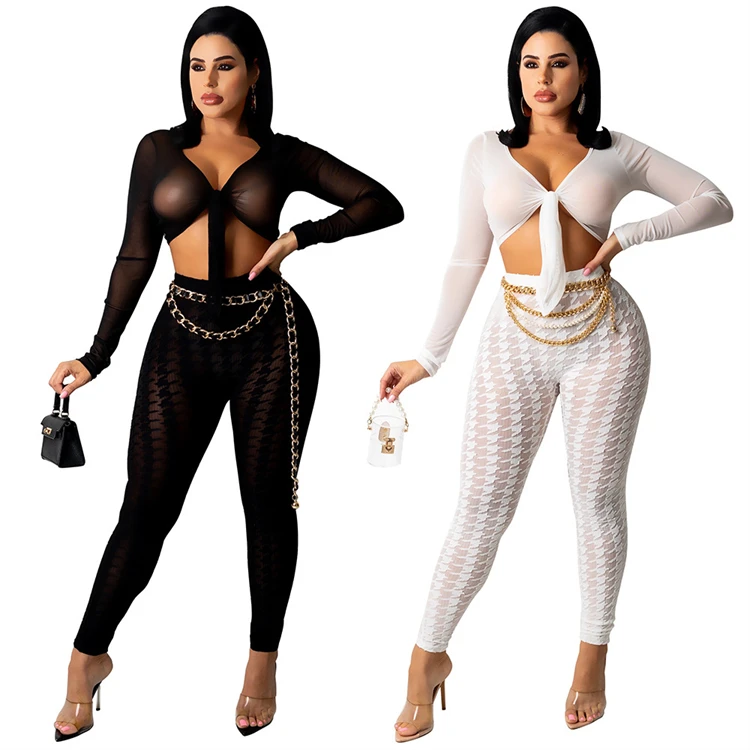 

D11526 Fall apparel for women sexy club outfits houndstooth mesh v-neck waistless women fashion 2 piece set 2021