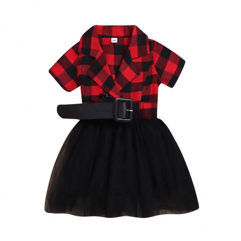 

new popular girls plaid waistband mesh dress kids girls mesh dress