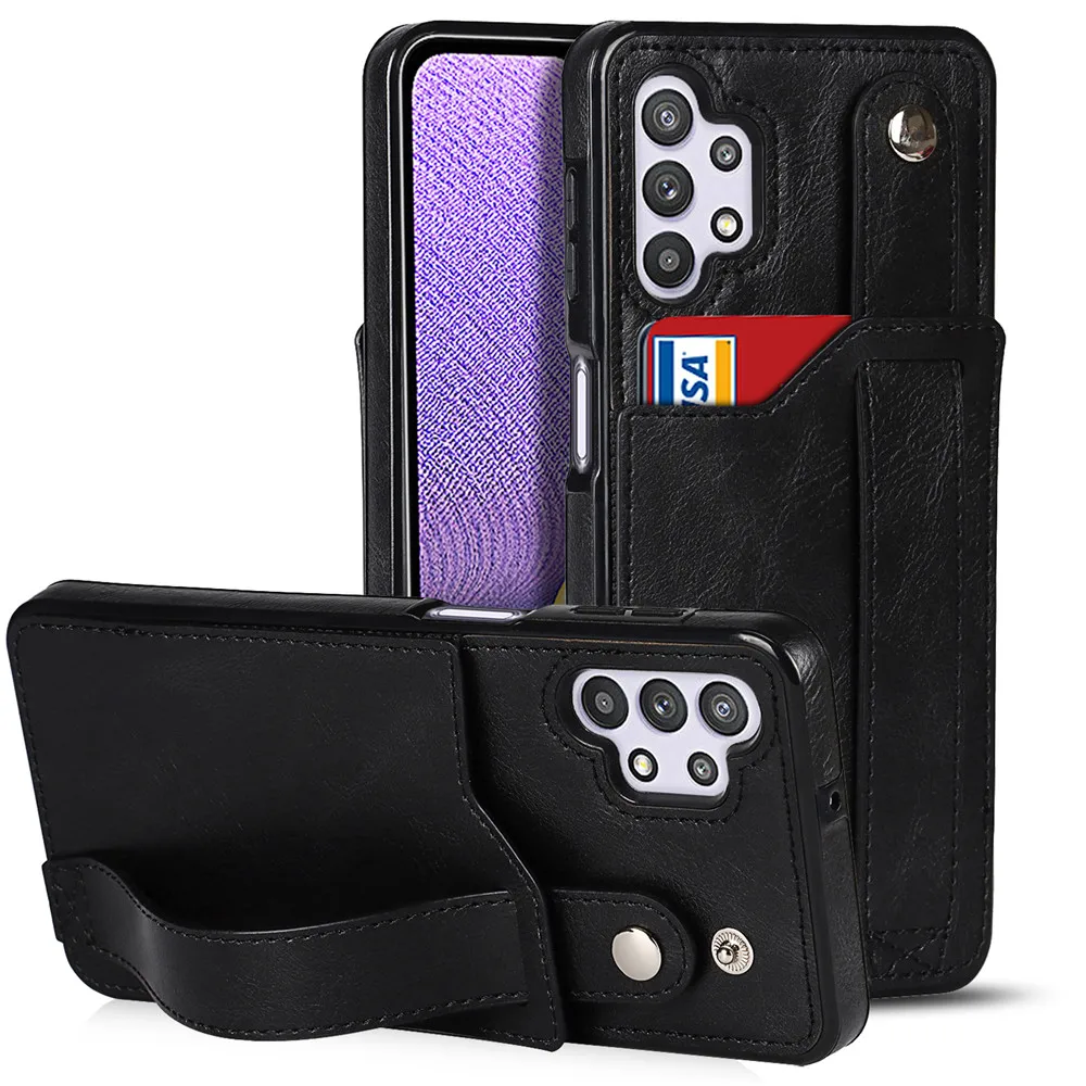 

Shockproof Kick Stand PU Leather Phone Case with Hand Strap Card Slot Leather Wristband Holder Case for Samsung A52 A32 A72 A82