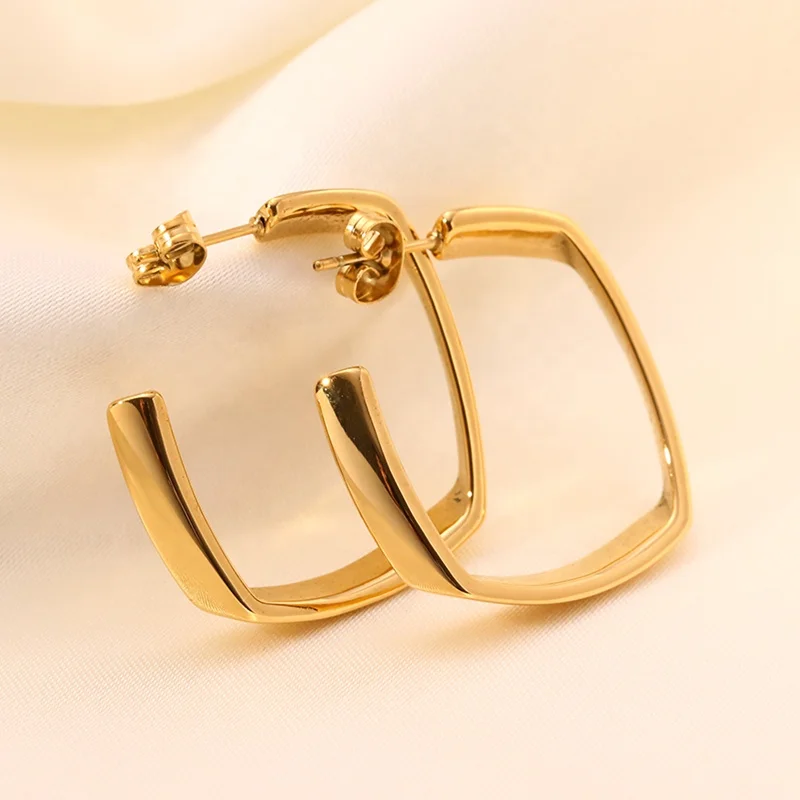 

Female Fashion Jewelry 18K Gold Plated Stainless Steel Metal Chunky Twisted Irregular Shape Geometric Drop Hoop Earrings, As picture