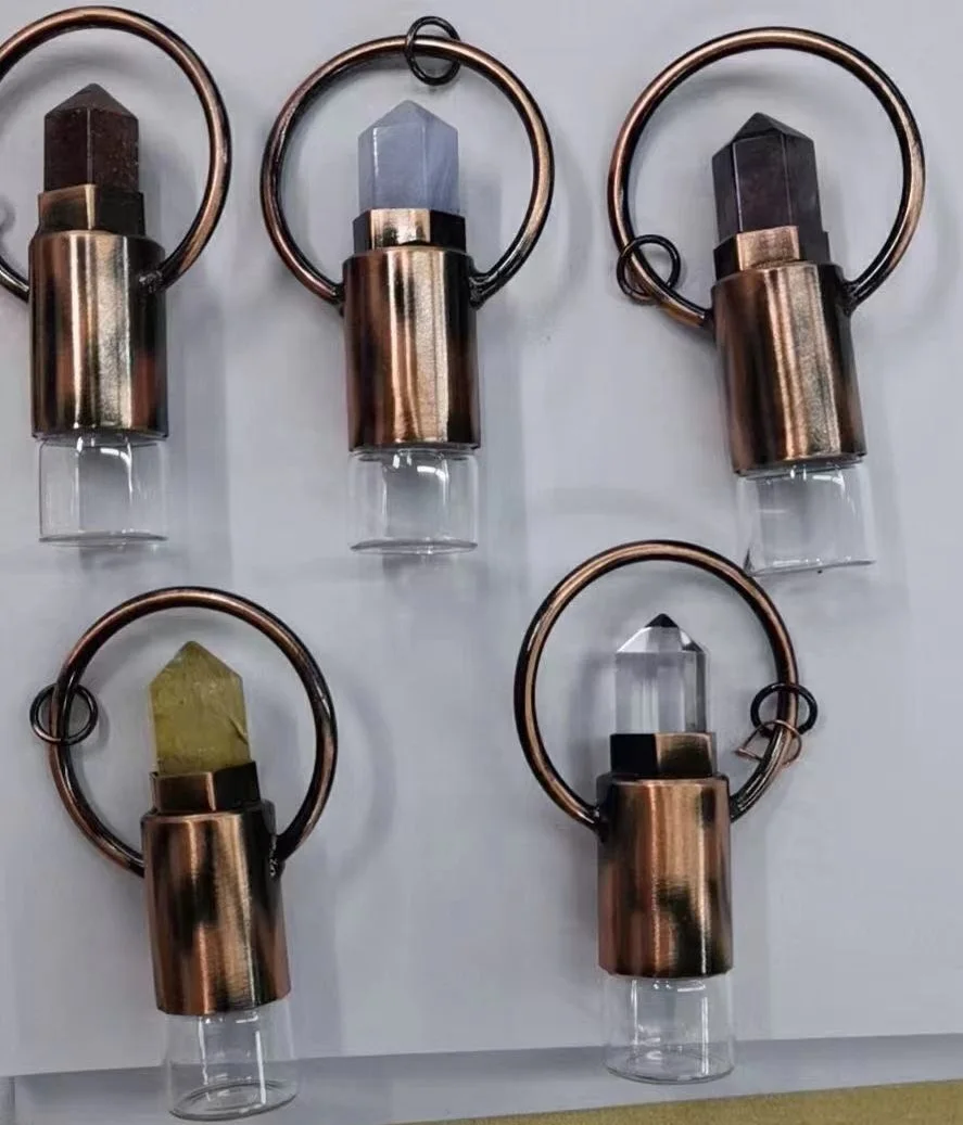 

Unique Gunmetal Quartz Crystal Pendant Antique Bronze Chain Essential Oil Roller Bottle Necklace, Silver / gold / bronze / black