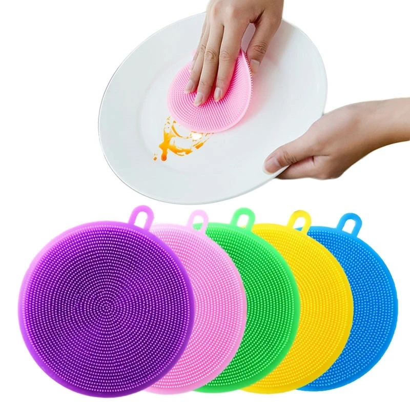 

Silicone Dish wash Sponge brush scrubber kitchen clean set magic soap dispenser for wholesale pot scrub eco fridendly, As picture