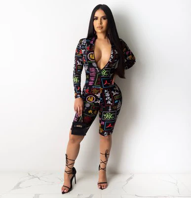 

F21104A hot sale women's Chinese print shorts sexy women jumpsuit, Black