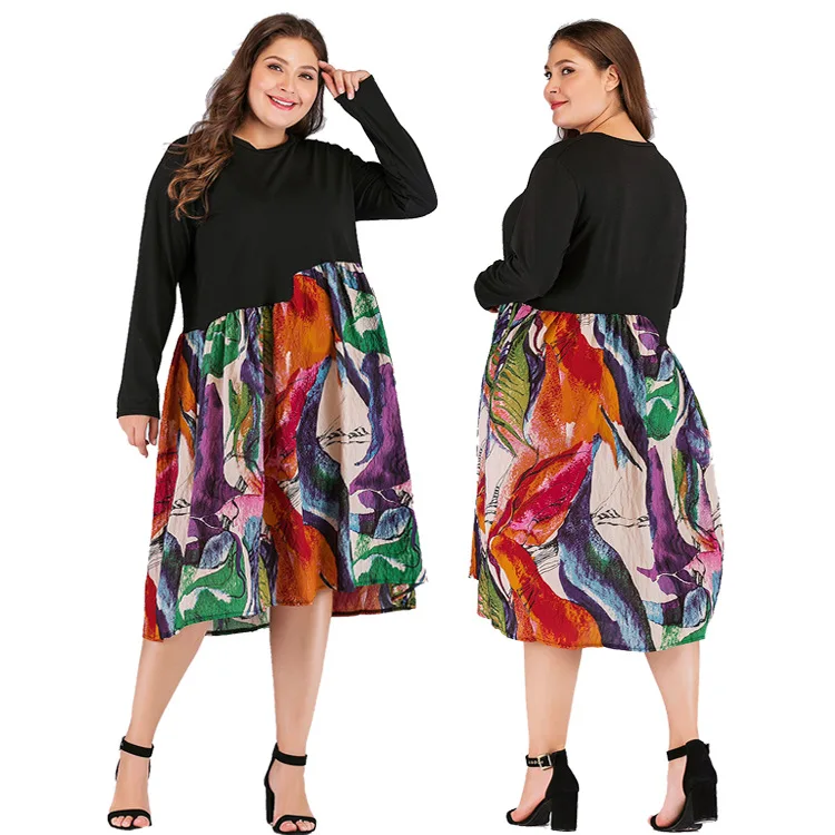 

New large-size fat lady women's print dress with round neck and long sleeves spliced MIDI skirt