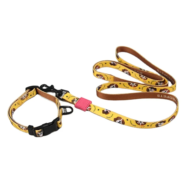 

Wholesale Factory Pet Products Polyester Cartoon Print Design Modern Dog Collar And Leash Set, Yellow/blue/pink/green/orange