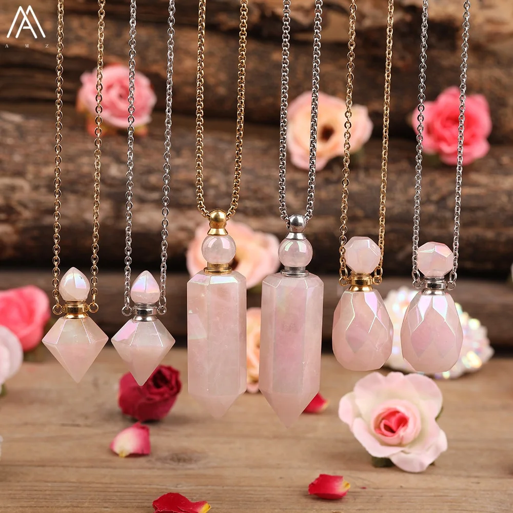 

Natural Point shaped crystal stone pendant Oil Diffuser perfume bottle charm Necklace for jewelry making necklace healing gifts, As picture
