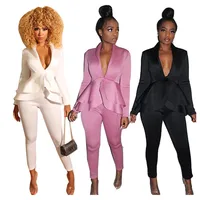 

RS00031 Women Fashion Solid Color Deep V Neck Founce Long Sleeve Two Piece Pants Set Outfits