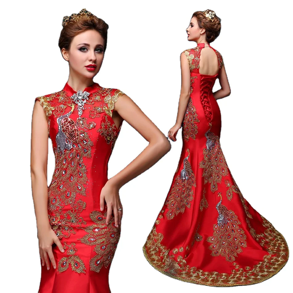 

Luxury Blue Red Embroidered Chinese Evening Dress Long Cheongsam Bride Wedding Qipao Mermaid Host Dresses Oriental Qi Pao, As the pictures