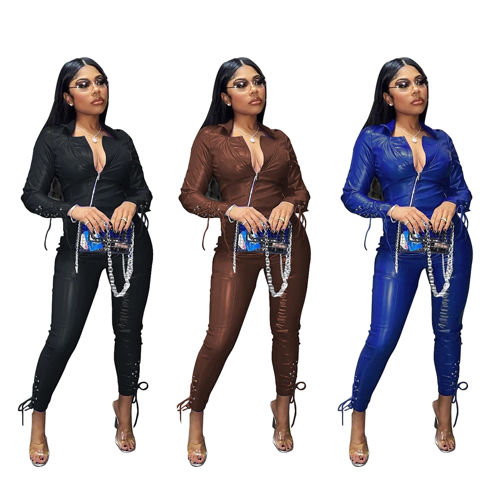

Wholesales Eyelet Bandage PU Leather Two Piece Outfits