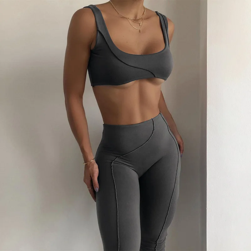 

Basic style tracksuit wholesale sexy solid color slim vest top yoga 2 piece set women