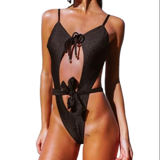

One Piece Behalf 2021 New Bikini Sexy Hollow Open Back One-Piece Plus Size Black Color Bikinis & Beachwear, Customized color