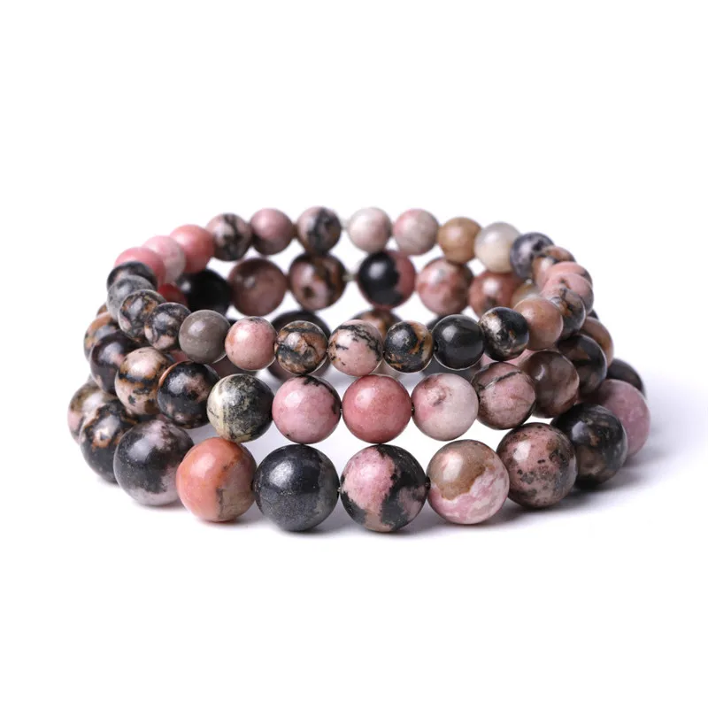 

Natural Rhodochrosite Beaded Bracelet Healing Chakra Hand Made 8mm Yoga Natural Black Line Pink Rhodonite Bracelets DIY Jewelry, Gray