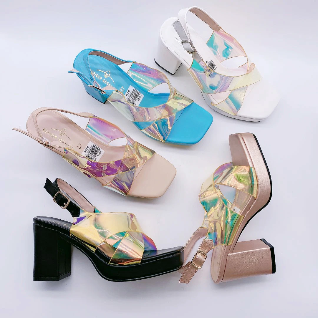 

YY6062-6 Summer Shoes Metallic Chunky Sandals Women's Shoes Square Heeled Sandals