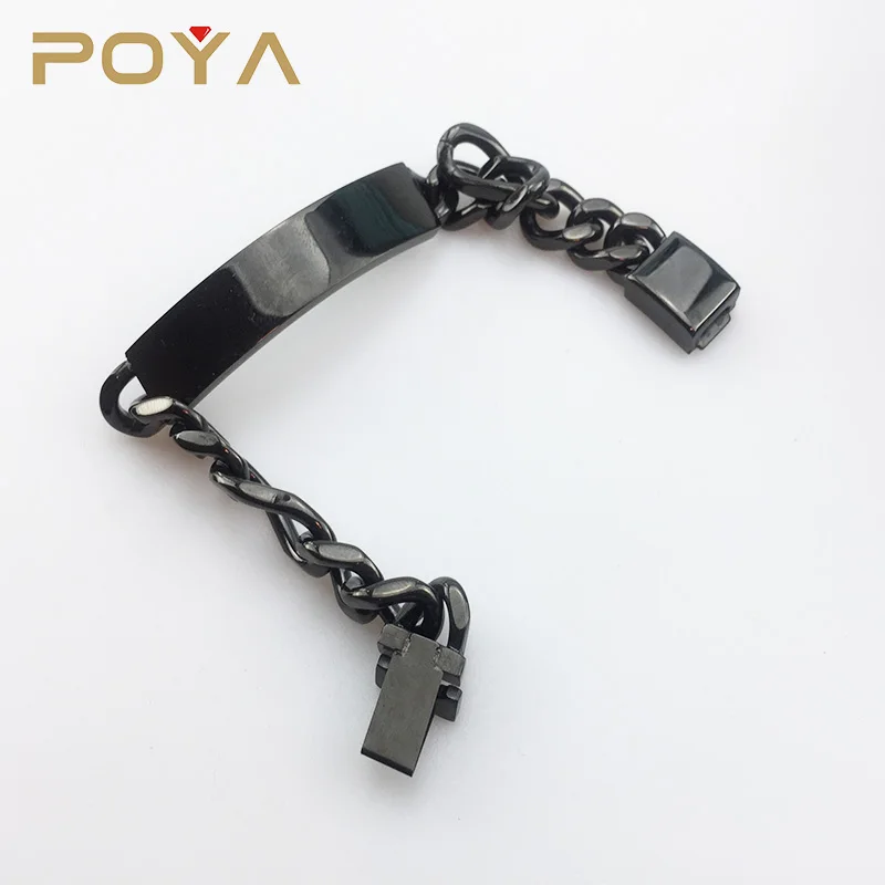 Hot Sale IP Black Plated Stainless Steel Men's Engravable Heavy Bracelet on Figaro Chain