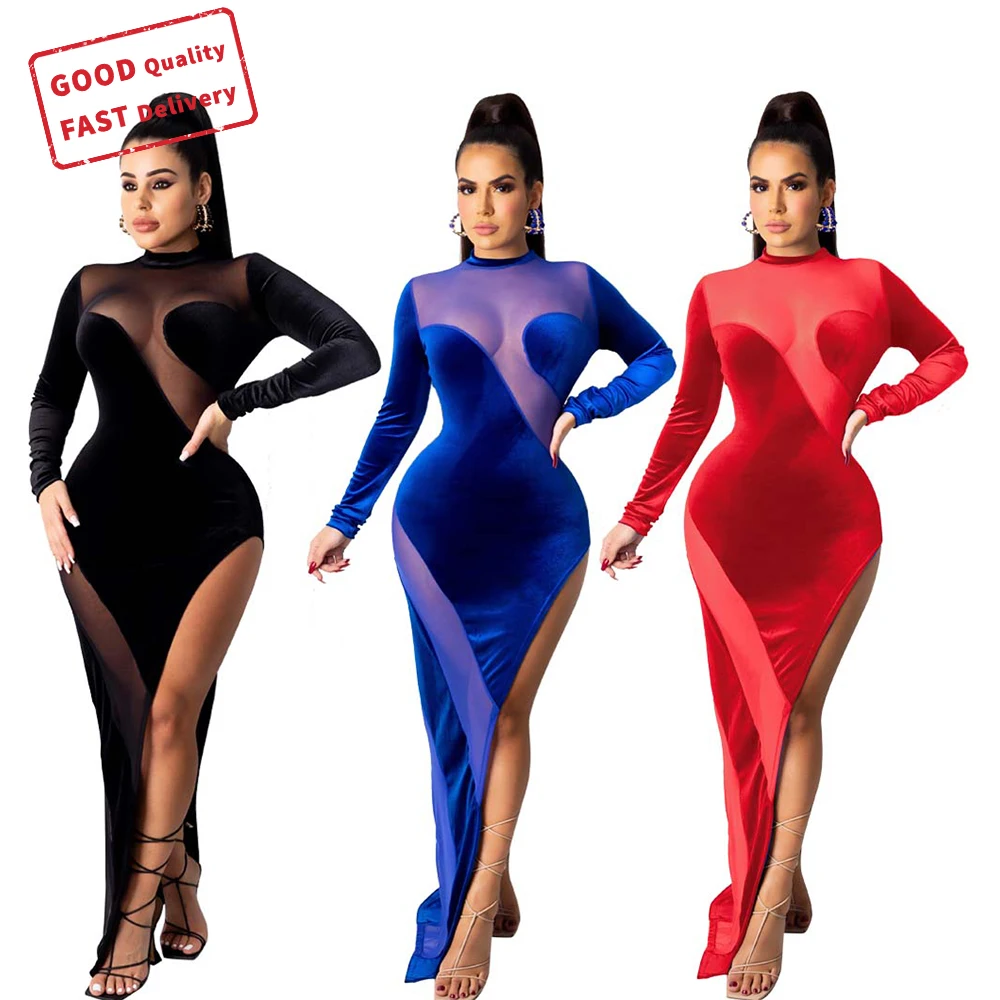 

GQ1579 2021 new arrivals velvet dress mesh stitching see through slit club dresses bodycon sexy club dresses, Picture color