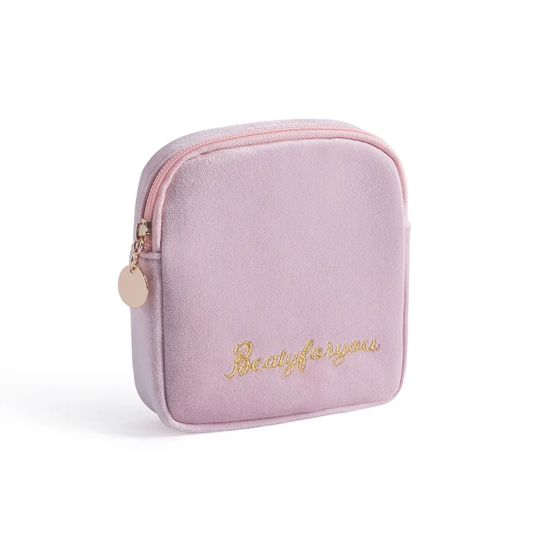 

Square velvet portable cosmetic makeup bag Sanitary napkin Storage Small Zipper Pouch Bag, 6 colors